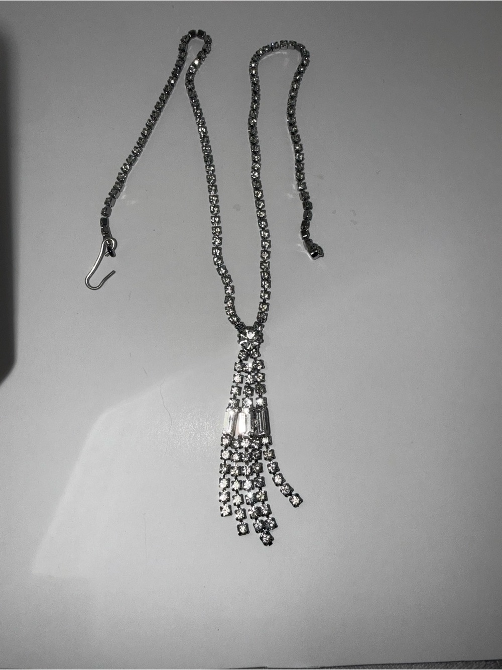 Art Deco Crystal Fringe Pendant Necklace - Silver Tone